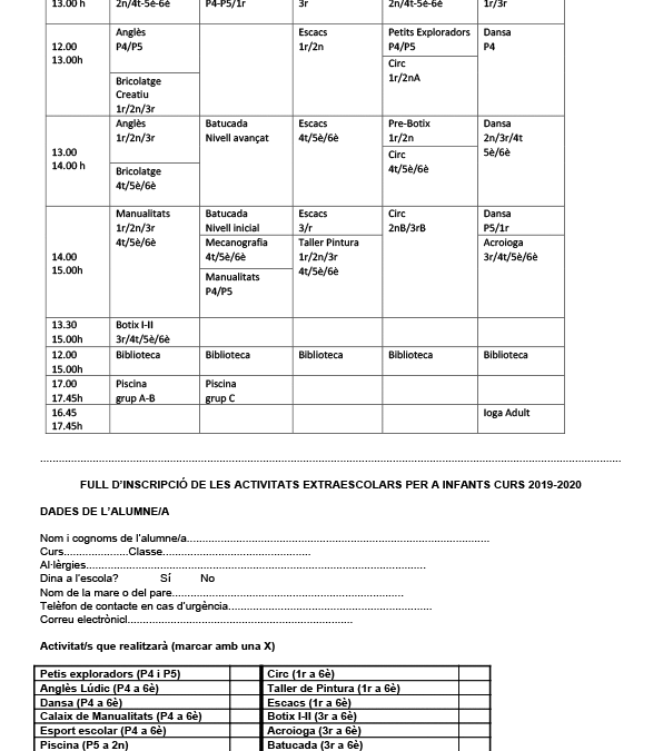 Actualització: Circular d’inscripció de les activitats extraescolars per a infants i adults